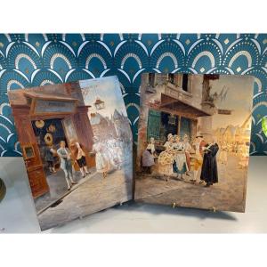 Old Painting By 2 Pair Of Oils On Mahogany Panel End Of XIX Eme, Spanish School Hsp