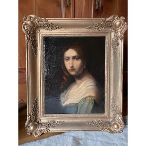 Old Painting Portrait Woman With Red Ribbon, Oil On Canvas Early XIX Eme Hst