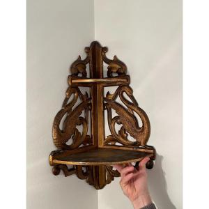 Old Pair Of Corner Shelves In Golden Wood Empire Decor With Swans Early XIXth Century