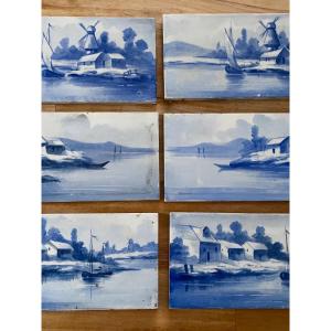 Lot Of 6 Old Marine Faience Tiles Art Nouveau Period 1920 Gien