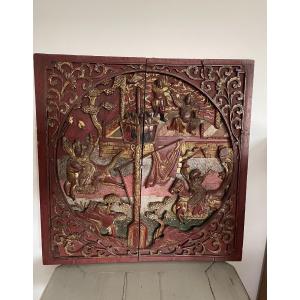 Old Chinese Panel In Relief Presenting A Battle Scene XIX Eme Century Curiosity