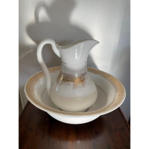 Old Ewer And Its Charles X Basin XIX Eme White Opaline Around 1830