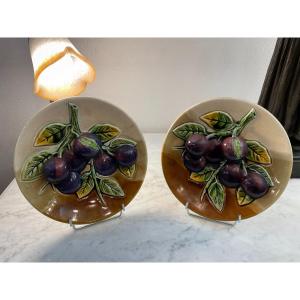 Ancienne Paire d'Assiettes En Barbotine à Relief : Les Prunes Vers 1910 Assiette Ancien Plat 