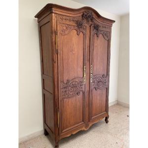 Ancienne Armoire Normande En Chêne à Chapeau De Gendarme XIX Eme Siècle Bouquet Fleuri