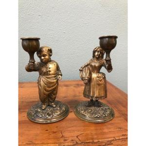 Ancien Paire De Bougeoirs En Bronze d'époque XIX ème Siècle Art Populaire : Boucher Et Bouchere