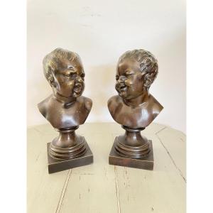 Pair Bronze Sculptures Jean Qui Rit Jean Qui Pleure After Houdon Nineteenth Statue