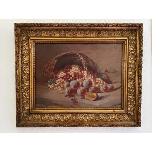 Old Still Life Painting With Fruits Very Beginning Of The XX Eme Hsp End Of The XIX Th, Golden Wood
