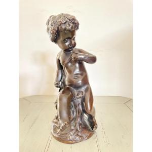 Antique Bronze Cherub Bronze Statue, Putto From The End Of The XIX Eme Century Attributed To Clodion