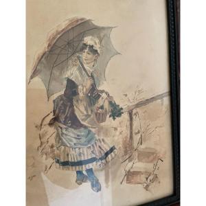 Old Watercolor Painting: The Lady With The Umbrella, Signed And Dated Late Nineteenth Romantic
