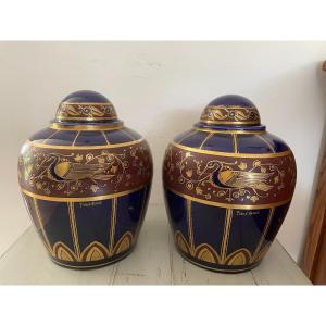 Pair Of Potiche Vases Blue And Gold Ceramic Vases Signed Pinon-heuze In Tours Art Deco