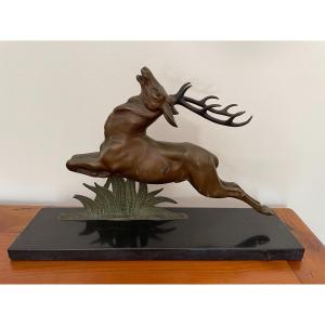 Bronze Statue: The Deer By E Guy  On Black Marble Base Ancient Art Deco Animal