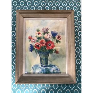 Old Painting The Bouquet By Pierre Le Trividic Watercolor 1955 School Of Rouen XX Th