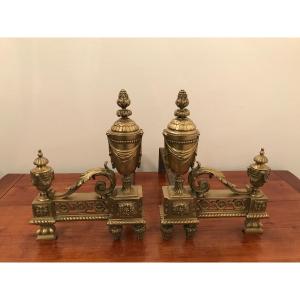 Antique Pair Of Louis XVI Chiseled Bronze Andirons, 19th Century Bouhon Former