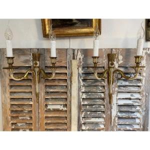 Old Pair Of White Lacquered Gilt Bronze Sconces From Maison Lucien Gau XX Eme