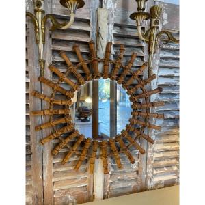 Old Vintage Round Sun Mirror In Wicker Circa 1960