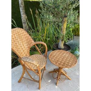Armchair Table Set In Rattan And Chestnut Le Corbusier By Pascal Raffier Vintage 20th