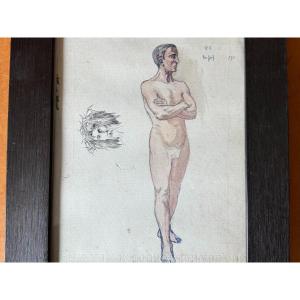 Academic Nude Watercolor Drawing Study Of Christ Before Pilate, Early 20th Century 