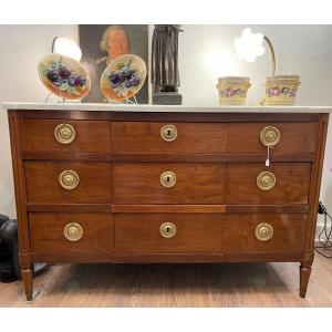 Old Louis XVI Period Commode With Projection In Mahogany Circa 1780 XVIIIth Century White Marble