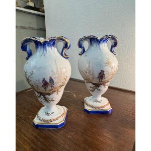 Old Pair Of Marseille Porcelain Vases Veuve Perrin XIX Eme