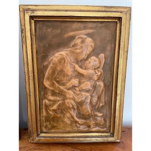 The Virgin And Child Jesus: Lost Wax Bas Relief End XIX Century Proof Wax