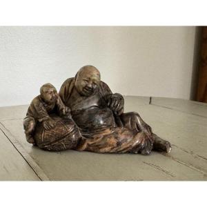 Old Buddha In Bacon/hard Stone Late 19th Eme China Chinoiserie Sculpture Showcase