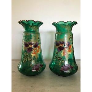 Old Pair Of Enameled Glass Vases Circa 1900 Legras Old Vase