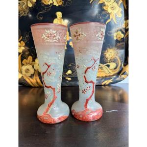 Old Pair Of Cornet Vases Enameled By Legras Model Le Printemps Old Enameled Vase
