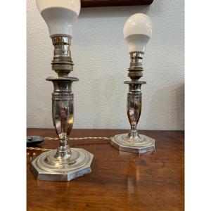 Old Pair Of Toilet Lamps / Candlesticks In Silver Bronze Early 20th Century