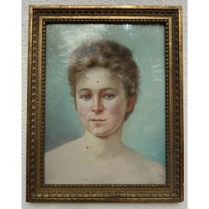 Old Pastel Painting, Portrait Of A Young Woman With A Bun, Early 20th Century