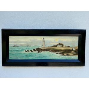 Old Large Marine Painting Oil On Cardboard, Signed Brest Le Phare Du Minou Brittany Breton