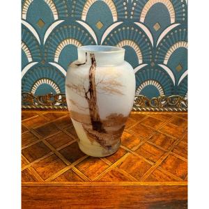Antique Small Opalescent Glass Vase With Lake Decor Circa 1900 Showcase Collection