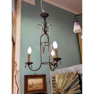 Antique 3-light Wrought Iron Chandelier With Early 20th Century Pendants And Tassels