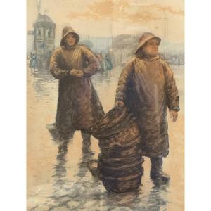 Old Marine Painting Aquatint The Fishermen By Manuel Robbe Early 20th Century Breton Brittany