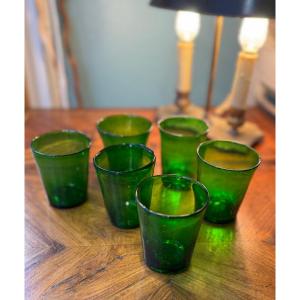 Set Of 6 Green Glass Tealight Holders Bottle Period 19th Century Lyon Festival Of Lights Antique