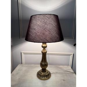 Old Chiseled Gilt Bronze Lamp Early 19th / 20th Century Candle Holder Mounted As An Old Lamp