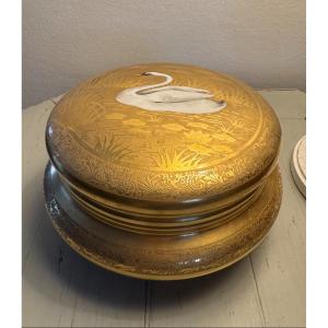 Antique Large Limoges Porcelain Candy Dish By Paulhat Swan And Gold Decor Circa 1920 