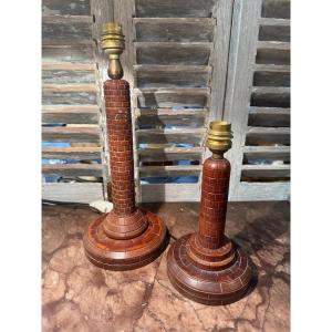 Old Fake Pair Of Vintage Wooden Lamps In Marine Lighthouse Lamp Signed Mid 20th Century