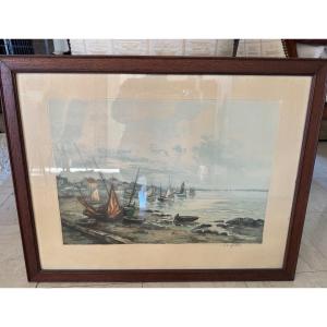 Old Marine Painting In Aquatint By M Robbe A Lafitte Brittany At Low Tide, Early 20th Century