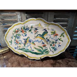 Old Oval Dish Pouplard Earthenware: Decorated With Birds From Sinceny, End Of 19th Century, 