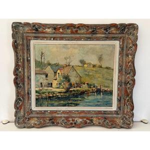 Old Painting Countryside Landscape By Henri Stenn Oil On Panel Mid 20th Century