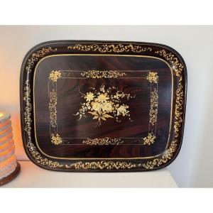 Antique Painted Sheet Metal Tray With Floral Decor Napoleon III 19th Century Tole Napoléon 3