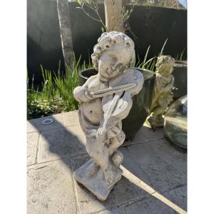 Antique Reconstituted Stone Garden Statue: The Musician Angel Putto With Violin Mid-20th Century