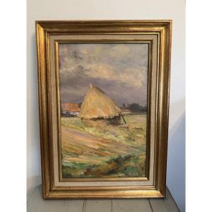 Old Oil Painting On Panel Hsp By Louis Montaigu School Of Berck Cote Opale Haystack 