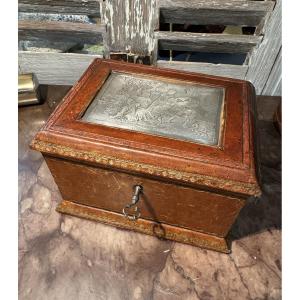 Antique Small Leather And Silver Plate Jewelry Box, Autumn By Lancret, 20th Century