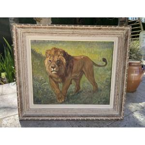 Antique Animal Painting Oil On Canvas The Lion Circa 1950 By A Magne Hst Framed