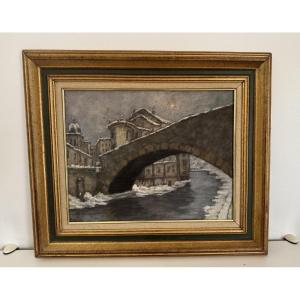 Antique Painting A Bridge In The Vienne In Winter By S Morel Circa 1920 Oil On Panel Hsp