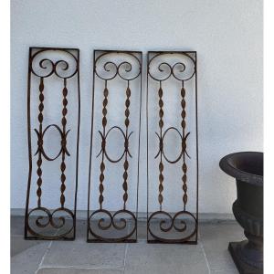 Antique Lot Of 3 Wrought Iron Grilles Circa 1900 Garden Door Window Grille
