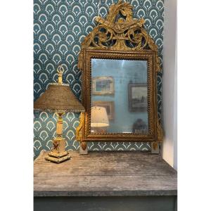 Antique Large Louis XVI Mirror In Gilded Wood, Late 18th Century, Musical Attributes, 101 Cm