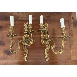 Antique And Rare Pair Of Gilt Bronze Wall Lights Called Chinese, 19th Century 