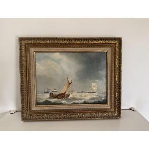 Antique Marine Painting, Early 20th Century, Oil On Canvas 